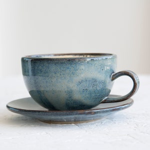 Pottery Cappuccino Cup and Saucer, Blue and White image 1
