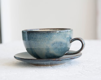 Pottery Cappuccino Cup and Saucer, Blue and White