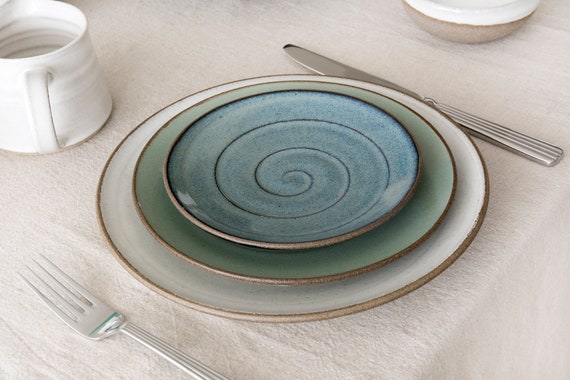 Rustic Pottery Plates, 3 Piece Colorful Ceramics Dinnerware, Service for 1