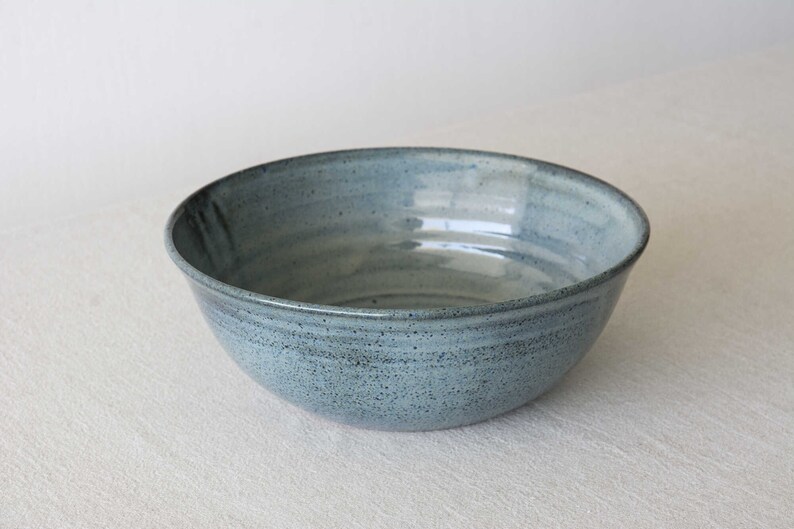 White Rustic Pottery Big Fruit / Salad Bowl Variegated Blue