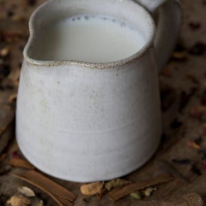 Op de afbeelding: Een witte keramische kan gevuld met melk, die op een oppervlak staat dat bedekt is met bruine specerijen.