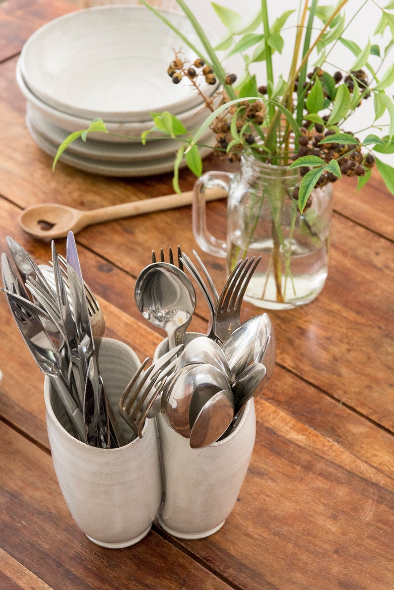 Ceramic Utensil Crock, White Kitchen Utensil Holder, Rustic Countertop Decor, Gift for Cook image 8