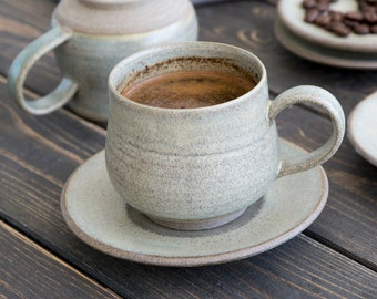 Cappuccino Mug, Pottery Cup, Gift for Coffee Lover, Handcrafted Cup and Saucer, Farmhouse Tableware, Gift for Brosther