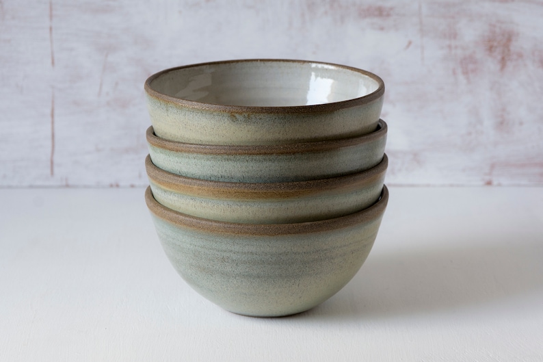 Rustic Ceramic Cereal Bowl Green Sage and White image 5