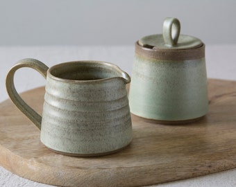 Pottery Green Sage Pitcher and Sugar Bowl Set