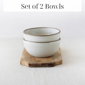 White Pottery Soup Bowls, Handmade Ceramic Bowl Set of 2 – Rustic Stoneware Serving Bowls