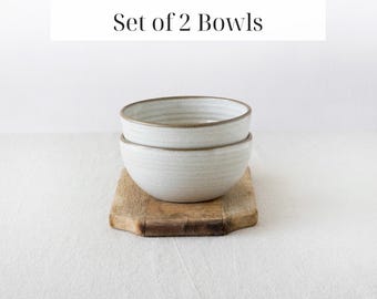 Ciotole per zuppa in ceramica bianca, set di 2 ciotole in ceramica fatte a mano - Ciotole da portata in gres rustico