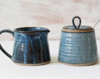 Blue Stoneware Sugar Bowl with Lid and Creamer Set