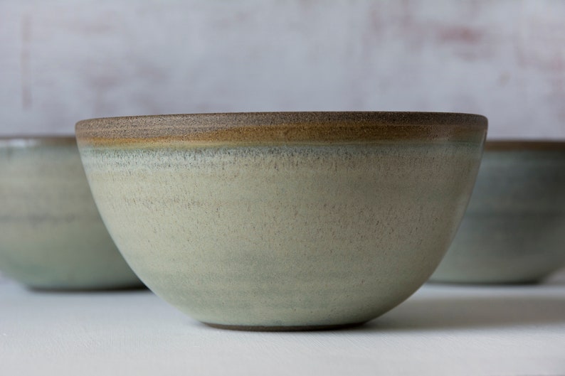 Rustic Ceramic Cereal Bowl Green Sage and White image 4