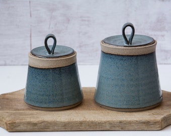 Blue Ceramic Canisters with Lids, Set of 2