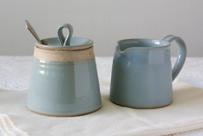 Creamer and Sugar, Set of a Pottery Sugar Bowl and a Pitcher Light Blue