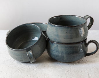 Bowl With a Handle, Set of 2 Sturdy Bowls, French Onion Soup Bowl, Christmas Blue Gift, Country Style Dinnerware, Artisanal Rustic Ceramics