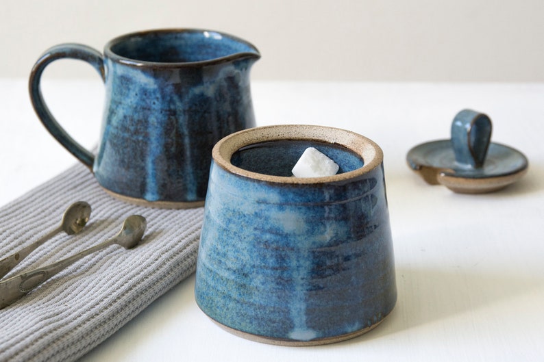 Blue Stoneware Sugar Bowl with Lid and Creamer Set Etsy