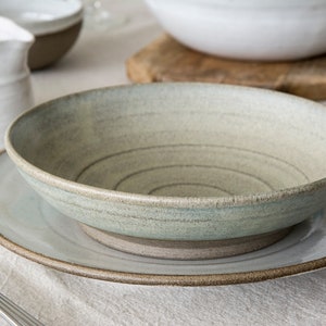Dinnerware Set, Pottery Place Setting, White Dinner Plate & Green Sage Pasta Bowl