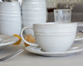 Pottery Tea Cup & Saucer, White Ceramic Mug Set, Ceramic Mug with Saucer, Christmas Tea Gift, Wedding Registry, Minimalist Cup