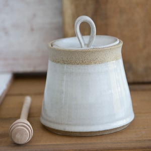White Honey Pot with Dipper, Pottery Dish