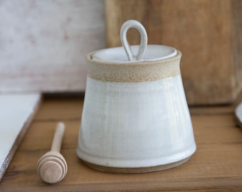 White Honey Pot with Dipper, Pottery Dish