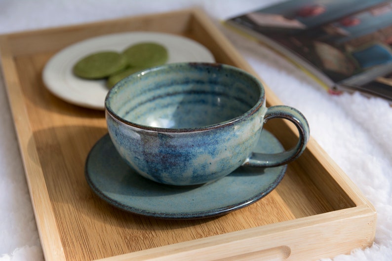 Pottery Cappuccino Cup and Saucer, Blue and White imagem 9