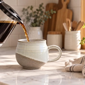May include: A round ceramic mug with a two-tone finish, featuring a glossy off-white upper section and a textured, matte grey base. Dark coffee is being poured from a clear glass carafe into the mug, which sits on a white marble surface.