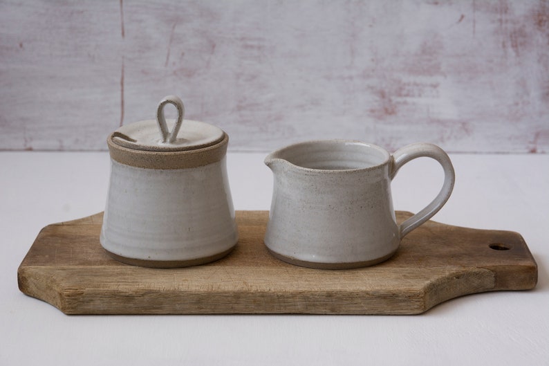 Creamer and Sugar, Set of a Pottery Sugar Bowl and a Pitcher Rustic White