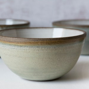 Rustic Ceramic Cereal Bowl Green Sage and White image 1