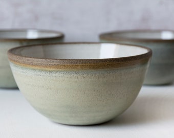 Rustic Ceramic Cereal Bowl Green Sage and White