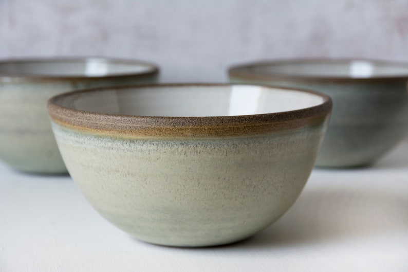 Rustic Ceramic Cereal Bowl Green Sage and White image 1