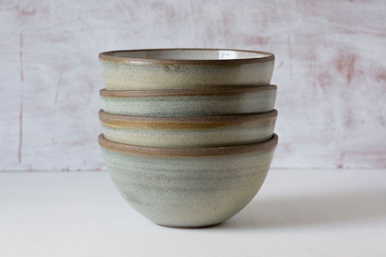 Rustic Ceramic Cereal Bowl Green Sage and White image 2