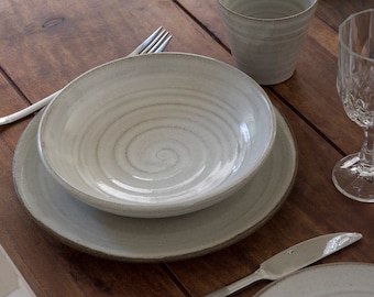Rustic White Ceramic Pasta Bowl, Pottery Salad Bowl, Farmhouse Style, Wedding Gift, Serving Dish
