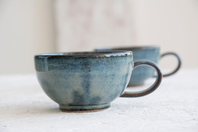 Pottery Cappuccino Cup and Saucer, Blue and White image 4