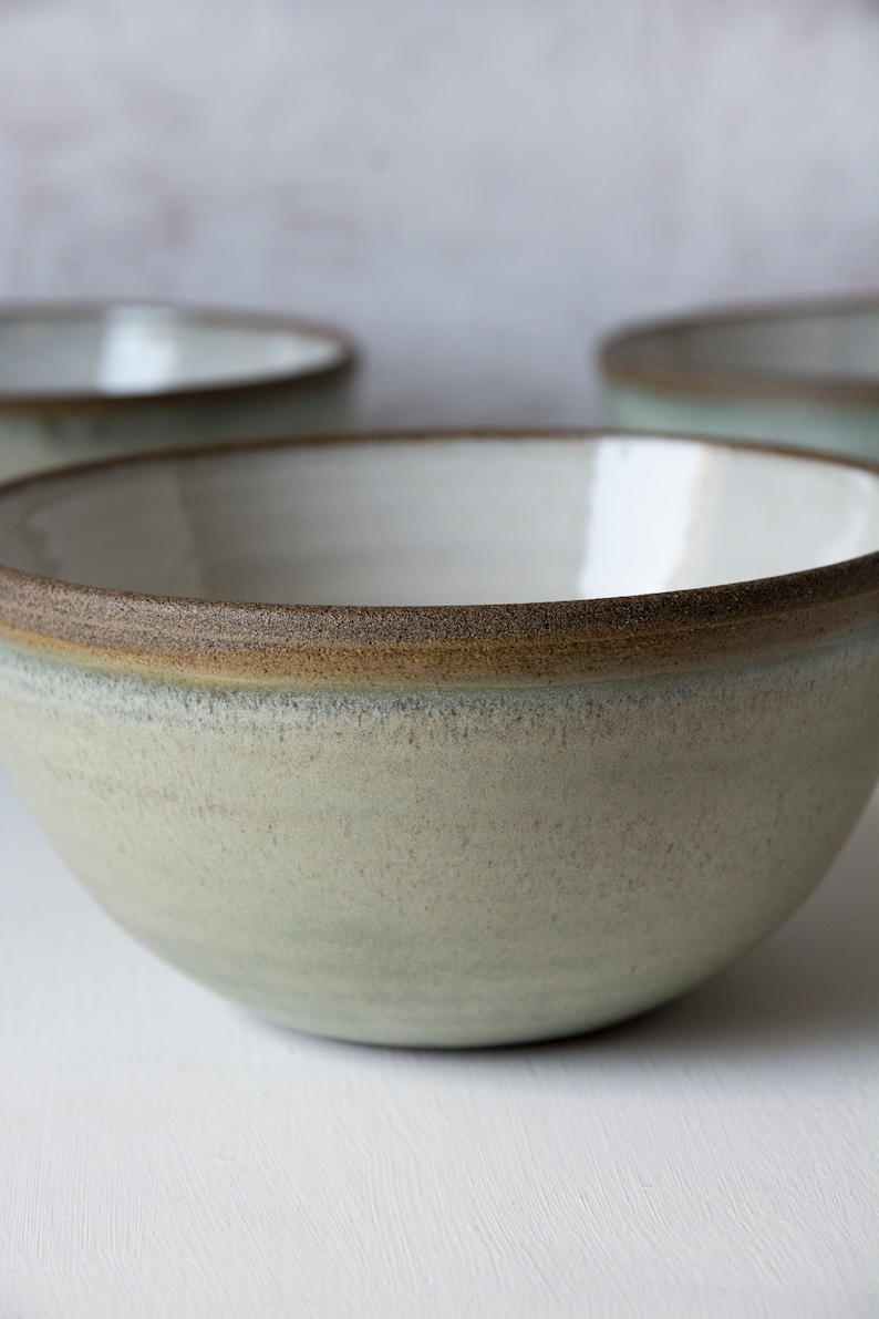 Rustic Ceramic Cereal Bowl Green Sage and White image 7