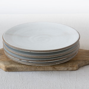 Set of 4 Pottery Plates, Dinner Plates, 9.5" Main Course Plates, White and Gray Dinnerware