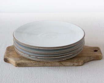 Set of 4 Pottery Plates, Dinner Plates, 9.5" Main Course Plates, White and Gray Dinnerware