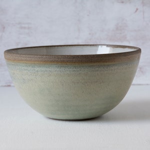 Rustic Ceramic Cereal Bowl Green Sage and White image 6