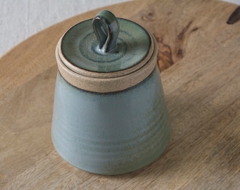 May include: A blue ceramic jar with a lid and a loop handle. The jar has a light blue glaze with a brown rim. The lid is a darker blue with a brown rim.