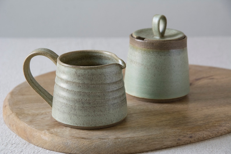 Creamer and Sugar, Set of a Pottery Sugar Bowl and a Pitcher Sage Green Matte