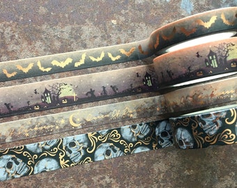 Halloween washi tape with copper foil, bats, spooky house, queen of darkness, skulls, for journaling & scrapbooking