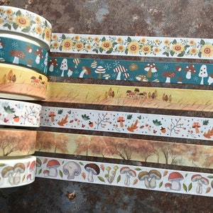 Mushroom & autumn leaves washi tapes for seasonal scrapbooking, art journaling and gift wrapping