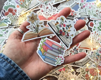 Book stickers with illustrated florals, vinyl laptop stickers (book series 1), reading themed journaling supplies, gift idea for book lovers