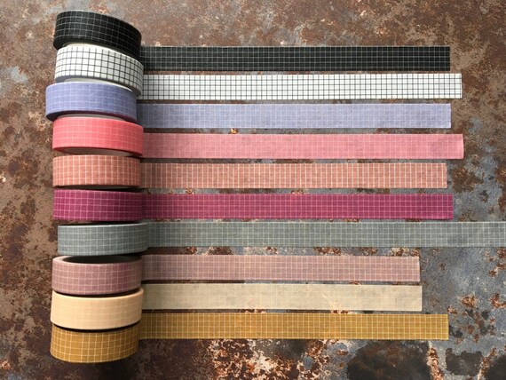 Grid washi tape in 10x colours, 15mm wide 10m long, for journaling and scrapbooking