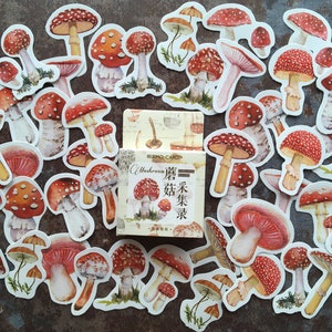 May include: A sheet of stickers featuring various illustrations of red and white mushrooms. The stickers are on a brown background. The text on the sticker sheet reads "Mushroom 蘑菇 采集".