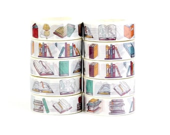 Stack of books washi tape for decorating reading lists, creative journaling and scrapbooking, 15mm wide, 10m long