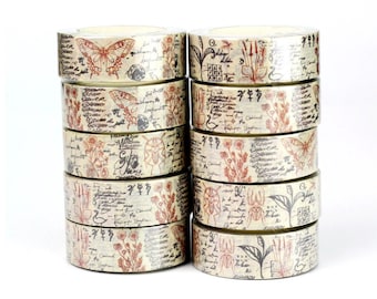 Insects and botanical drawings washi tape for retro nature themed journaling and scrapbooking, 15mm wide, 10m long