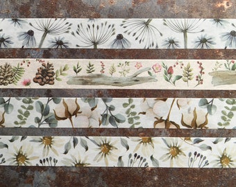 Dreamy botanical washi tapes featuring eucalyptus, dandelion, cotton, florals and woodland impressions for journaling and scrapbooking