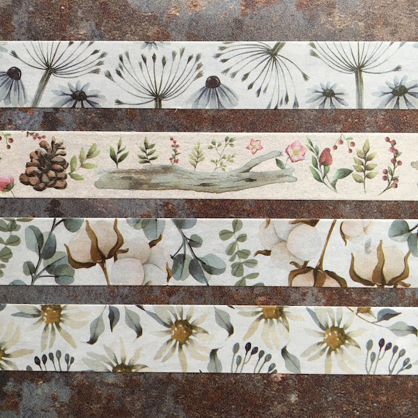 Dreamy botanical washi tapes featuring eucalyptus, dandelion, cotton, florals and woodland impressions for journaling and scrapbooking