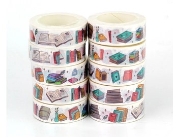 Colourful books washi tape for creative journaling and scrapbooking, 15mm wide, 10m long