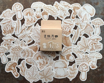 46 pcs 'Illustrated mushrooms & leaves' sticker box for seasonal nature and plant themed journaling, planner decorating