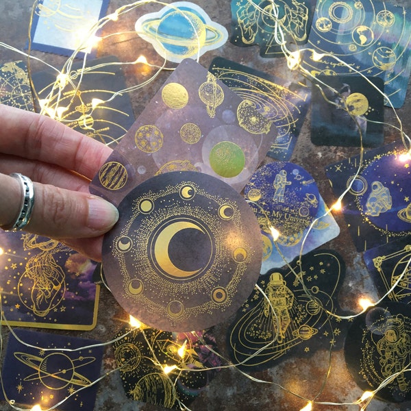 Gold foil 'Journey to the Moon' sticker set, celestial themed washi paper stickers for journaling or planner decorations