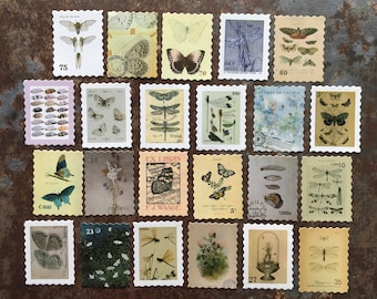 Butterfly faux stamps sticker collection, nature themed paper stickers for journaling or planner decorations