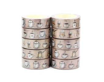 Coffee cups washi tape for modern lifestyle journaling, diary decorating and scrapbooking, 15mm wide 10m long